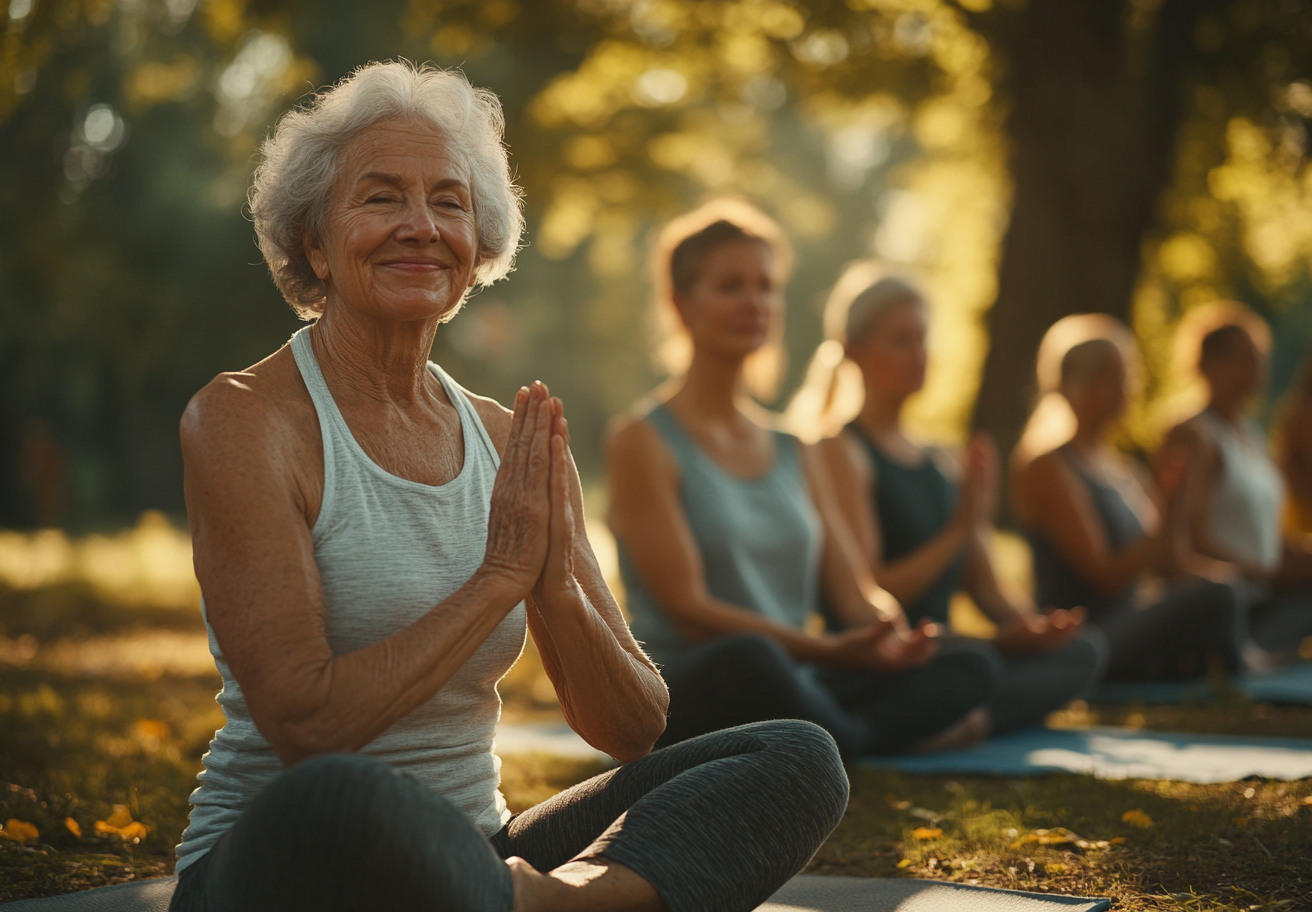 Grup de seniori practicând yoga în natură